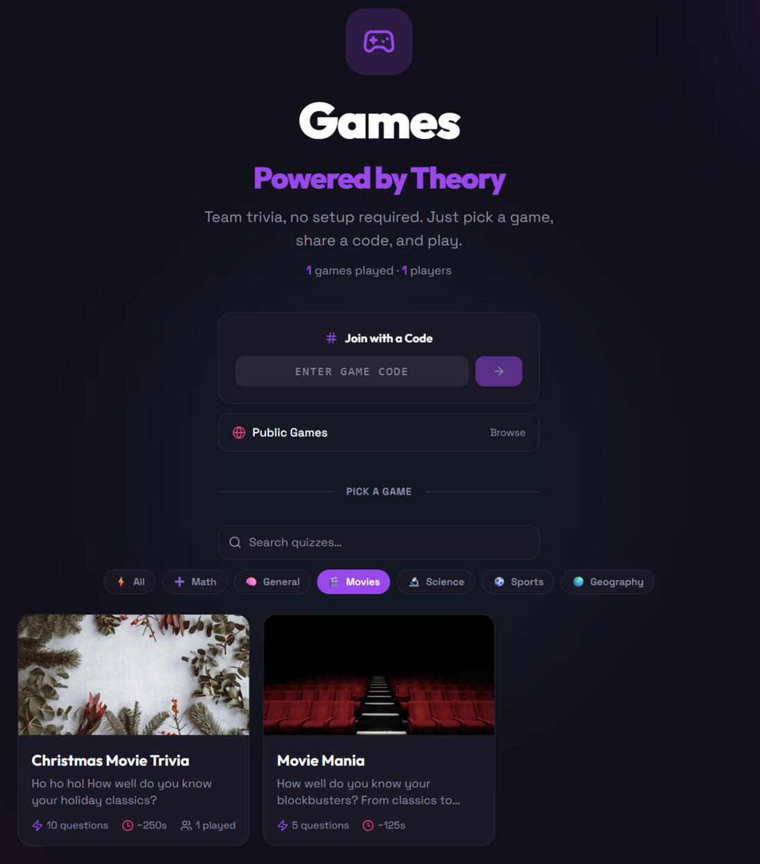 Games Powered by Theory Team trivia, no logins, no setup. Pick a game, share a code, and play together. → Play now